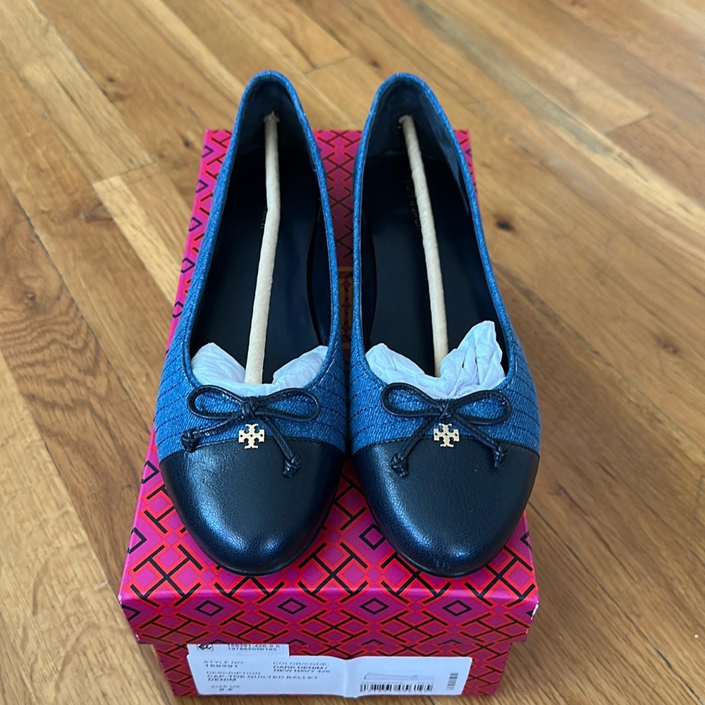 Tory Burch Cap Toe Quilted Ballet Flats Denim.